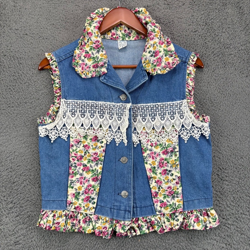 Vintage Floral Ruffle Denim Vest‎ Lace Trim Button Up Blue Cotton Womens Small